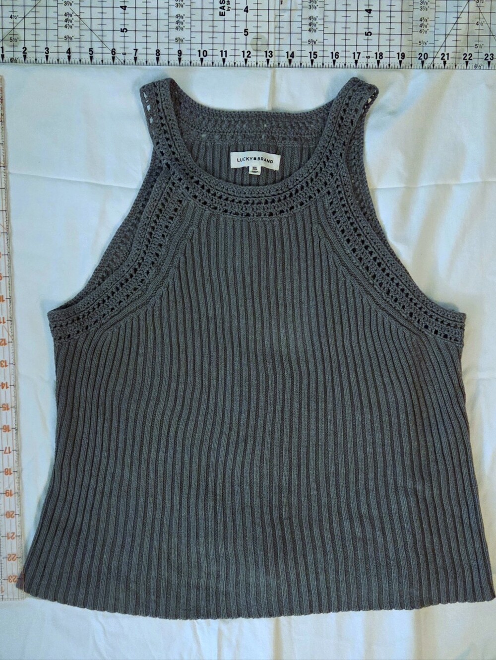 Lucky Brand Sage Green Ribbed Tank with Crochet Trim XXL